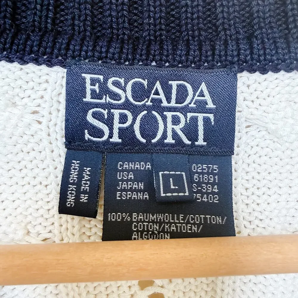 VTG Escada Cable Knit Cricket Sweater Mens US L White Navy Blue Tennis Cotton